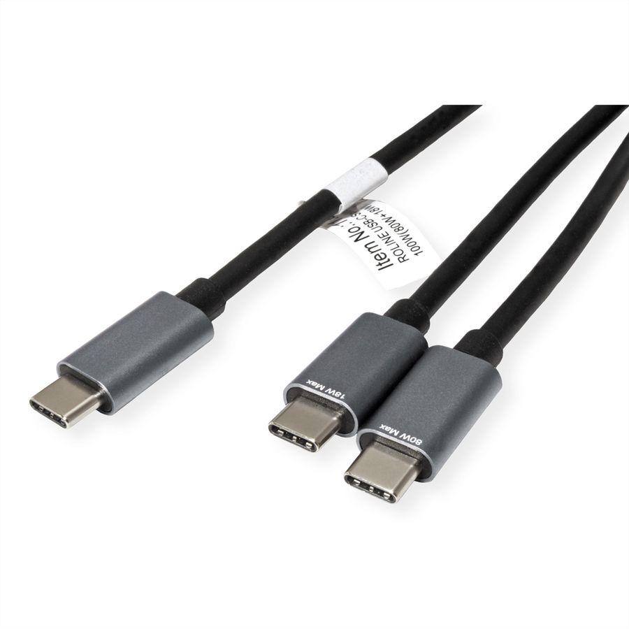 ROLINE USB type C split oplaadkabel, USB-C - 2x USB-C, M/M, max. 100W, zwart, 1,85 m