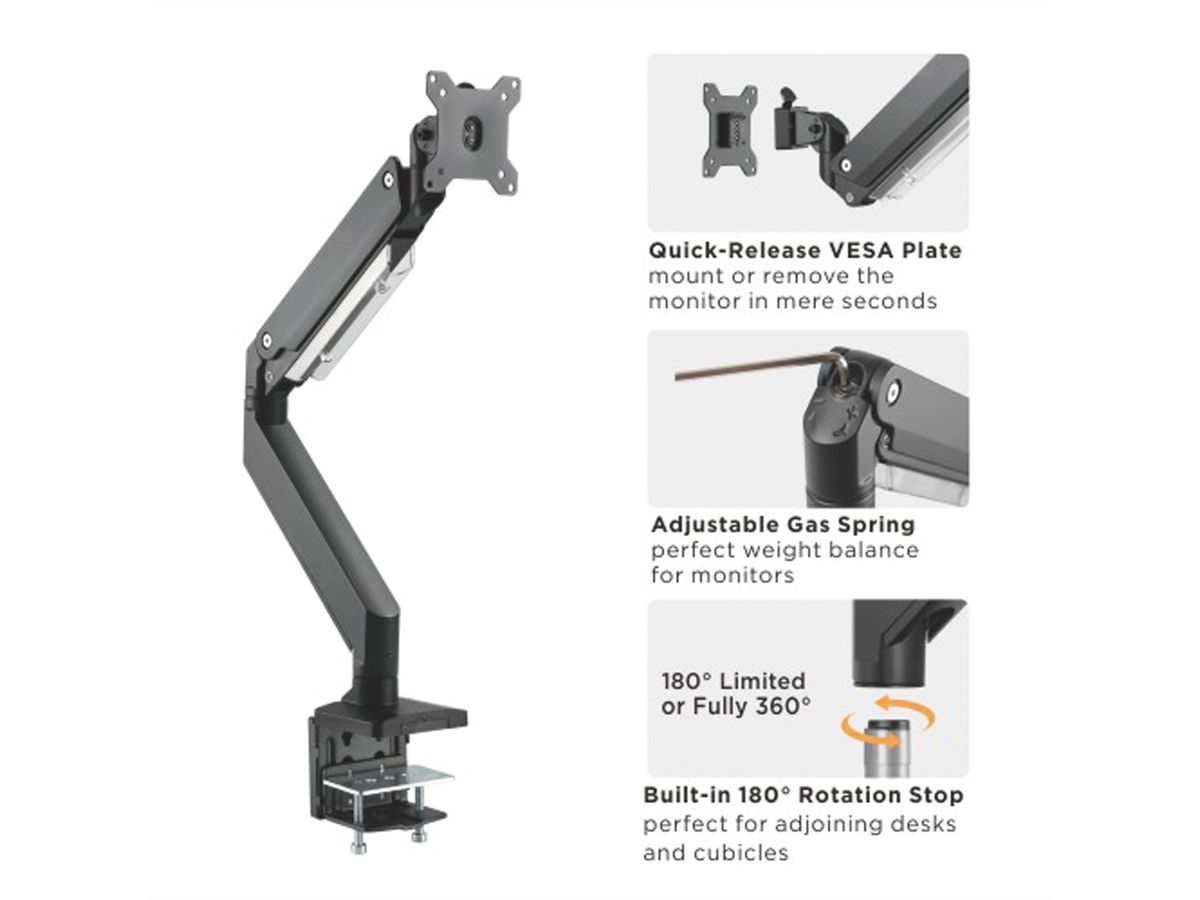 ROLINE LCD Monitor Stand Pneumatic, Desk Clamp, Pivot, max. 15 kg, 5 Joints