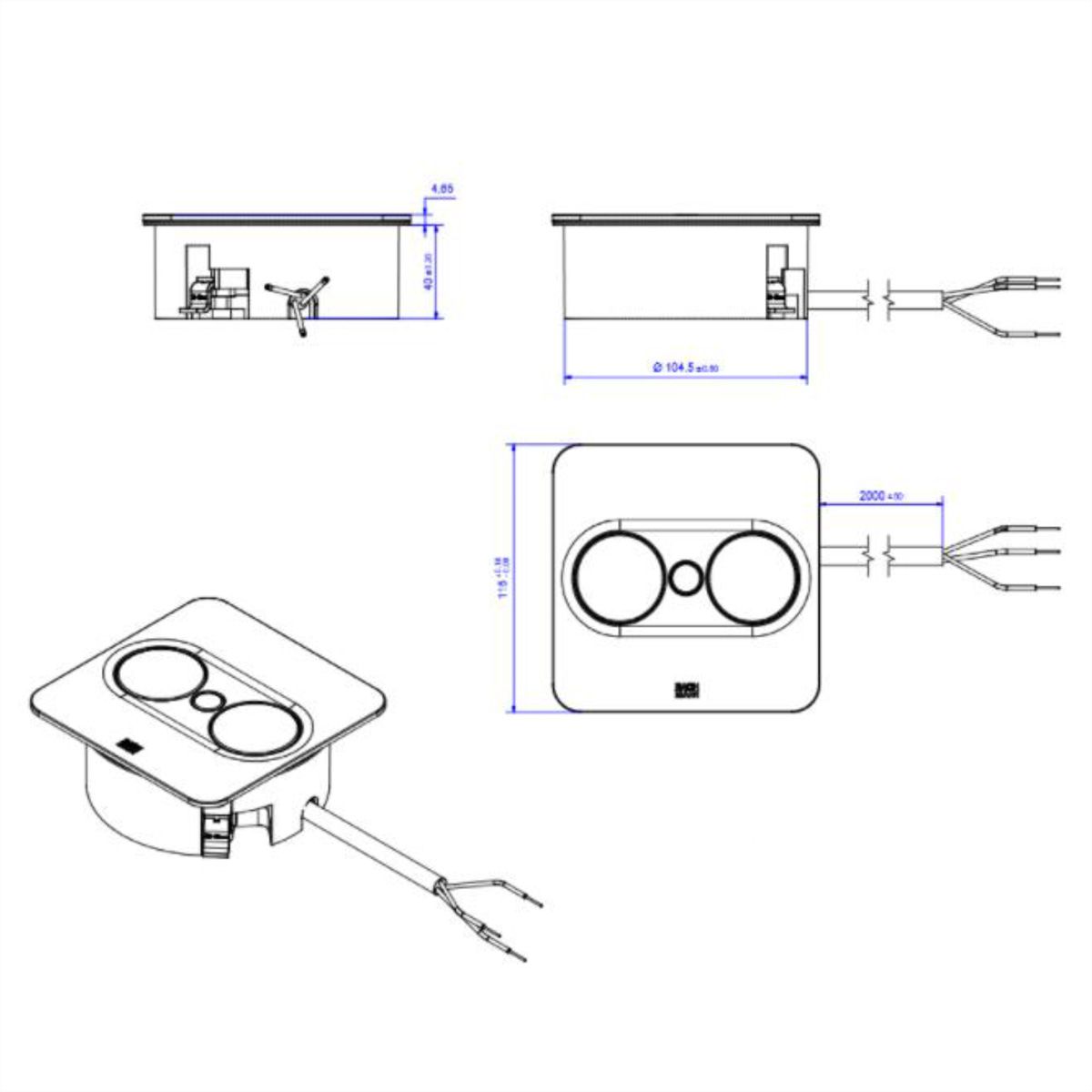 BACHMANN TWIST 2 1xUTE 1xUSB A/C 22W 2.0m AEH stainless steel look angular