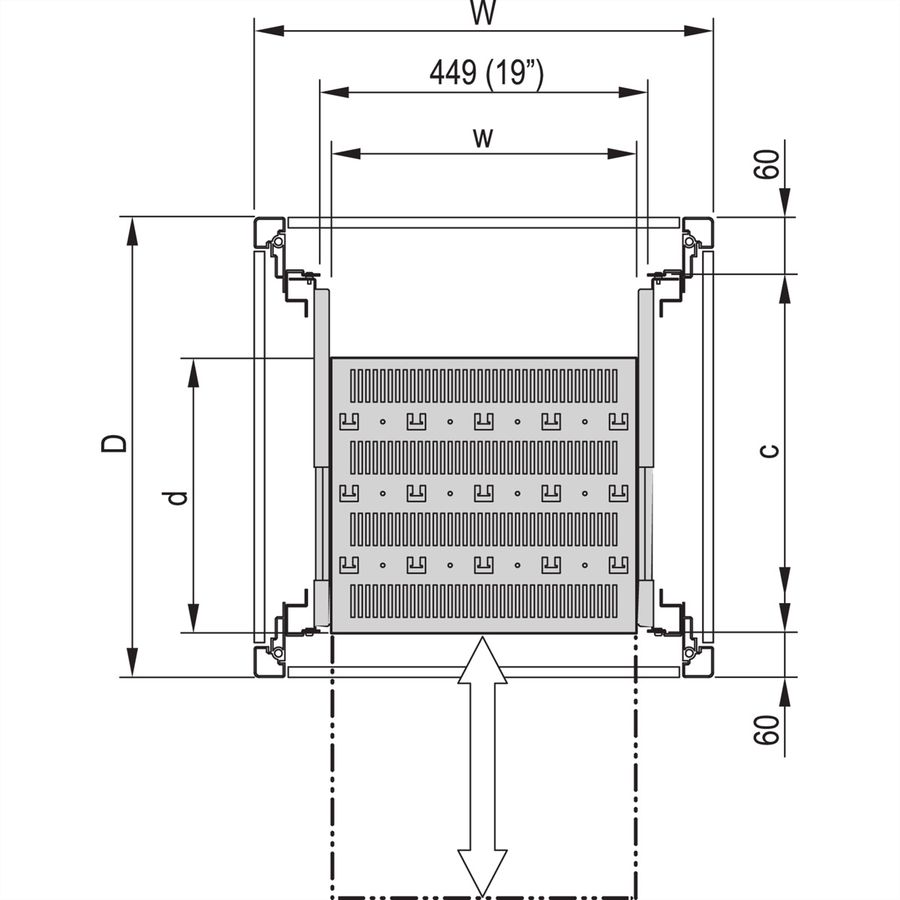 SCHROFF 19" uitschuifbare plank voor Varistar, Novastar, Eurorack, 70 kg, RAL 7021, 553W 600D