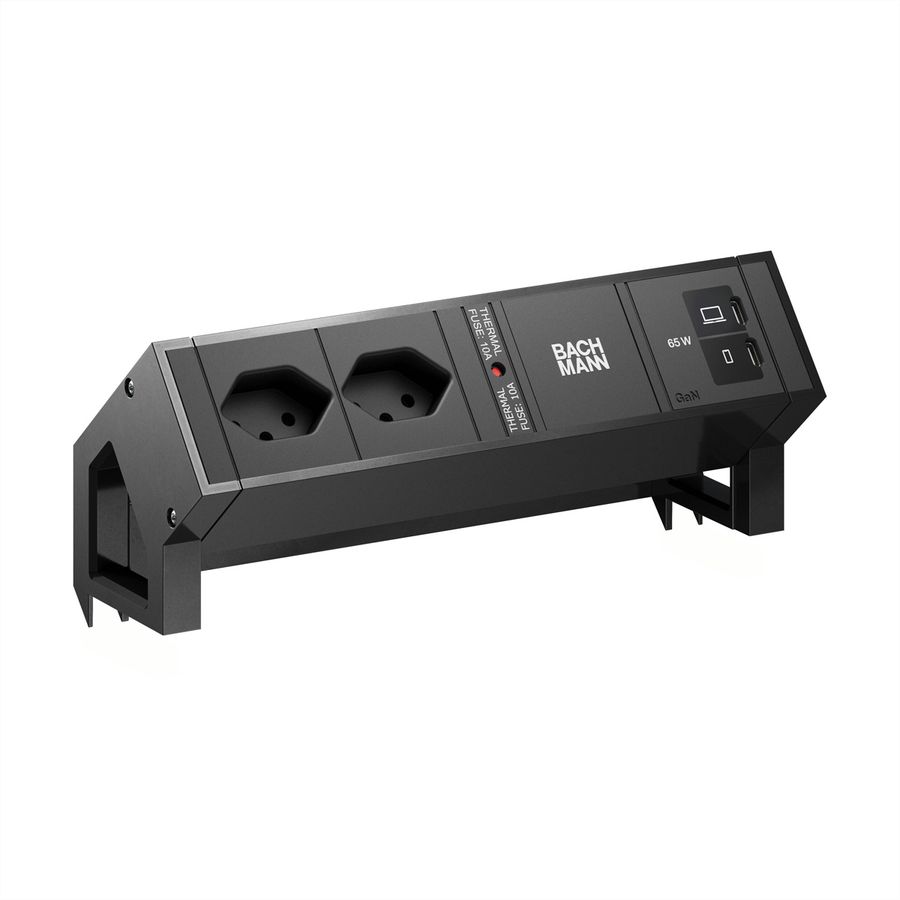 BACHMANN DESK2 2xCH 90° 1xUSB C/C 65W, L=0.2m RAL9005