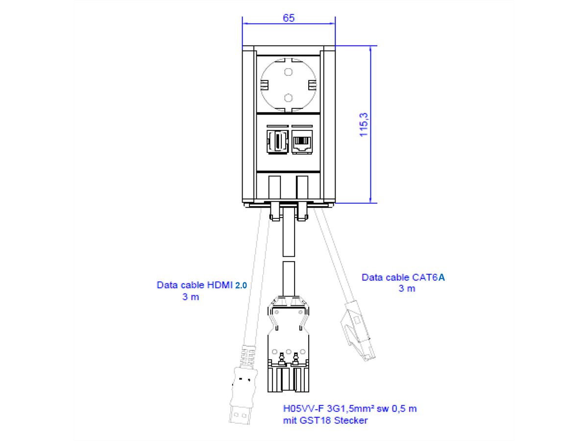 BACHMANN ELEVATOR 1xCEE7/3 1xHDMI 1xCAT6A 90° 0.5m GST18