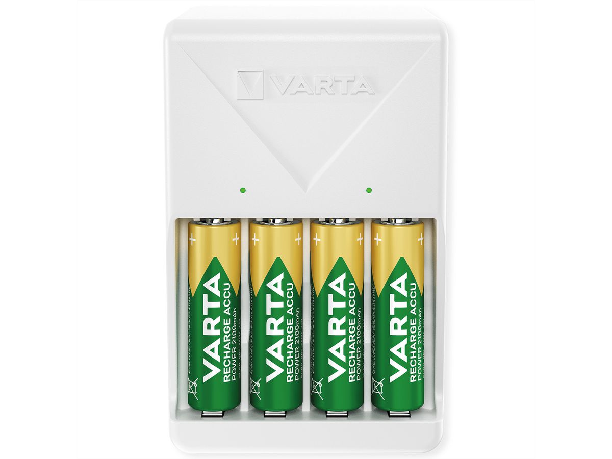 VARTA oplader + 4 oplaadbare batterijen NH-AA, 2100mAh , Plug Oplader inclusief oplaadbare batterijen, 4x Mignon AA, voorgeladen, klaar voor onmiddellijk gebruik