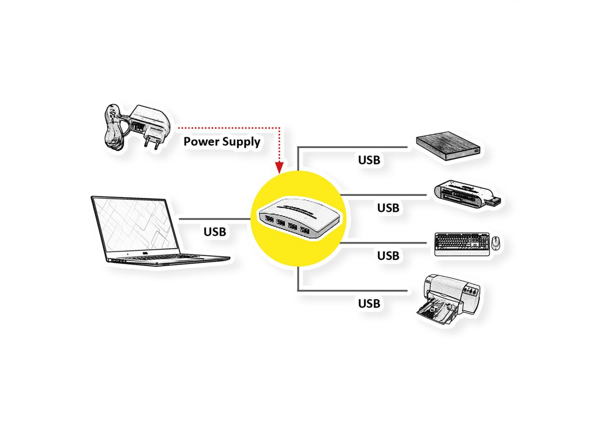 ROLINE USB 3.2 Gen 1 Hub, "Black and White", 4 poorts, met voeding