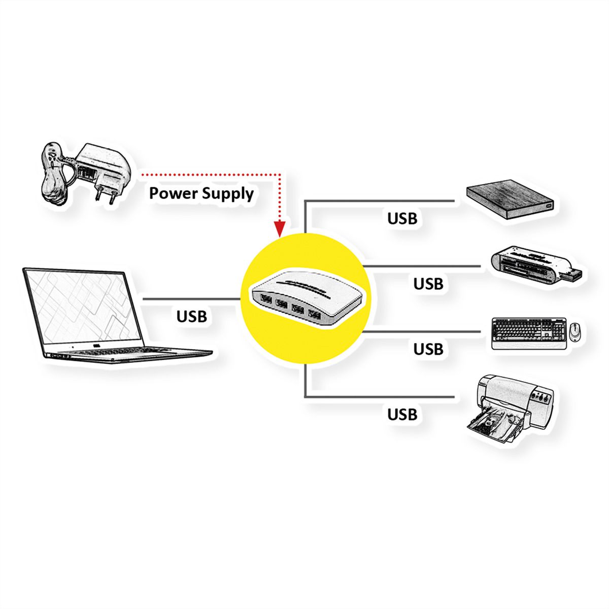 ROLINE USB 3.2 Gen 1 Hub, "Black and White", 4 poorts, met voeding