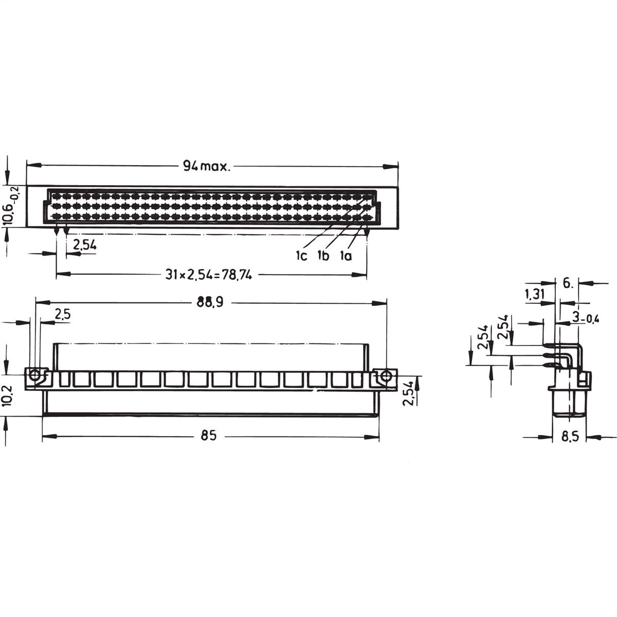 SCHROFF Stekker Type R, EN 60603, DIN 41612, vrouwelijk, 96 contacten, soldeerpennen, 3 mm