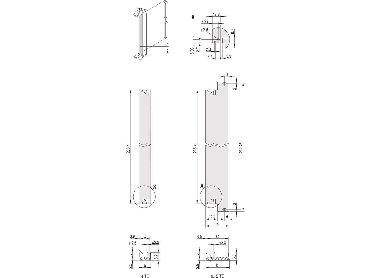 SCHROFF-insteekmodule U-profiel voor IEL, IET, type 2, 3 HE, 10 HE, 0,1" offset, 2,5 mm, Al, geanodiseerd vooraan, geleidend achteraan