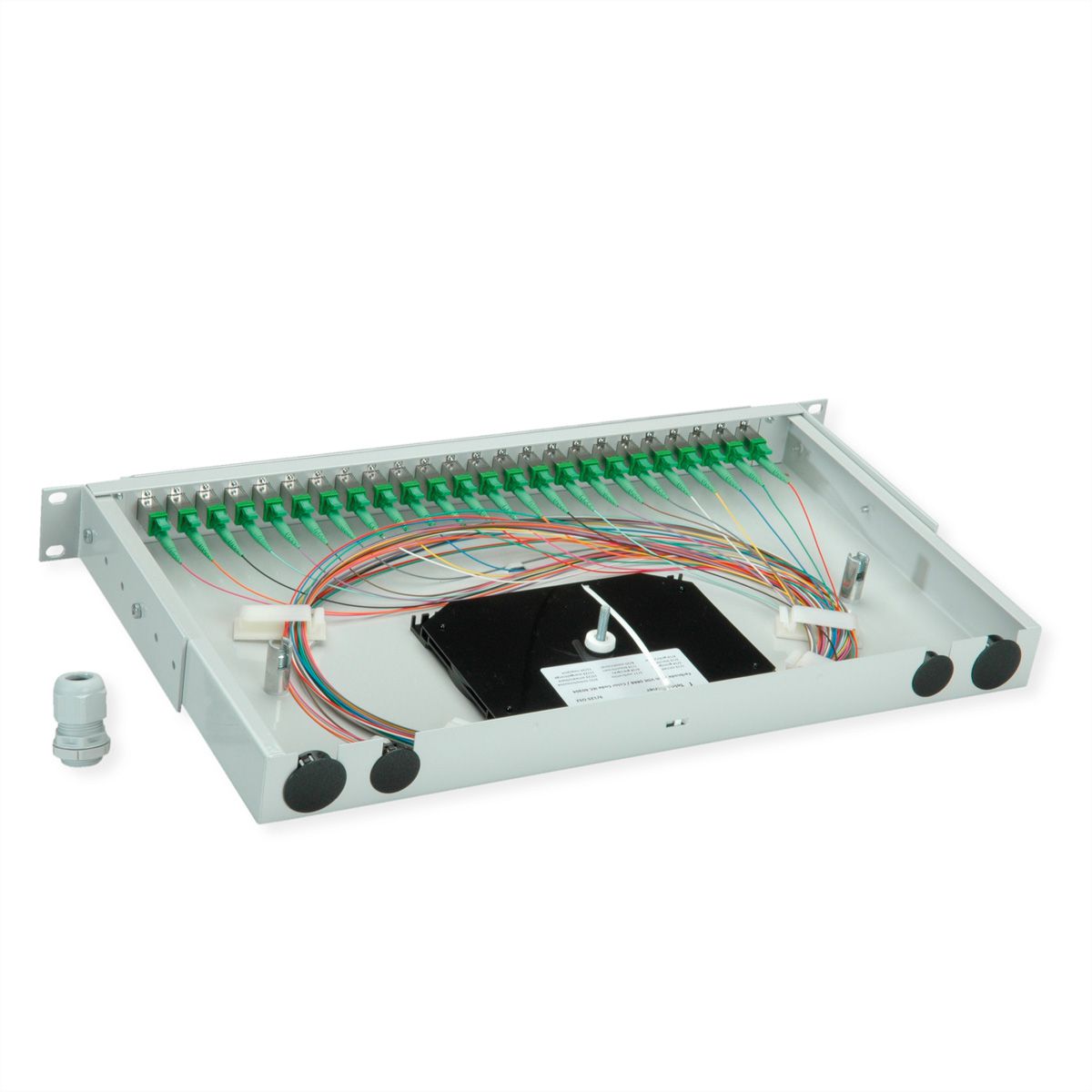 TELEGÄRTNER BASIS V LWL-Panel mit Kupplungen & Pigtails, 24x E2000, OS2 grün APC