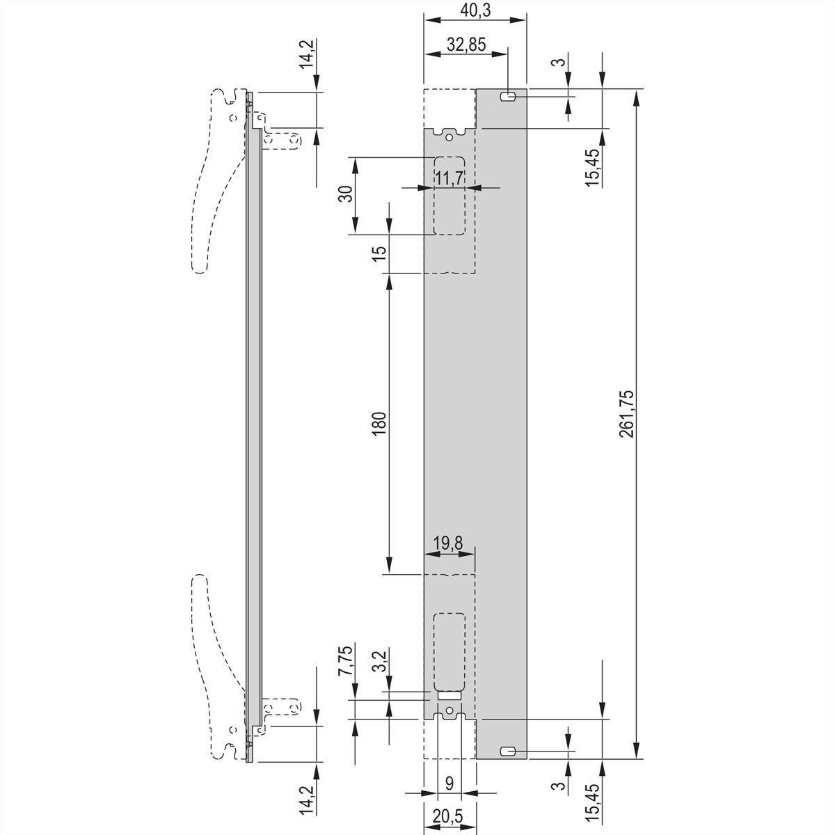 SCHROFF Insteekmodule U-profiel voor XL handgreep, Microschakelaar compatibel, 6 HE, 8 HE, 2,5 mm, Al, geanodiseerd vooraan, Geleidend achteraan