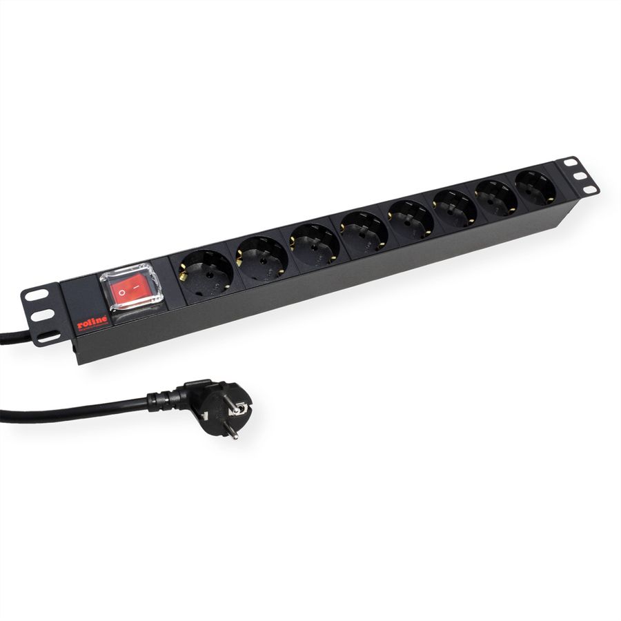 ROLINE 19" stekkerdoos 8-voudig, met aan/uit schakelaar, zwart, 2 m