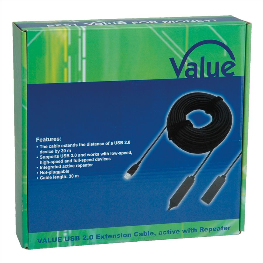 VALUE USB 2.0 verlengkabel actief, zwart, 30 m