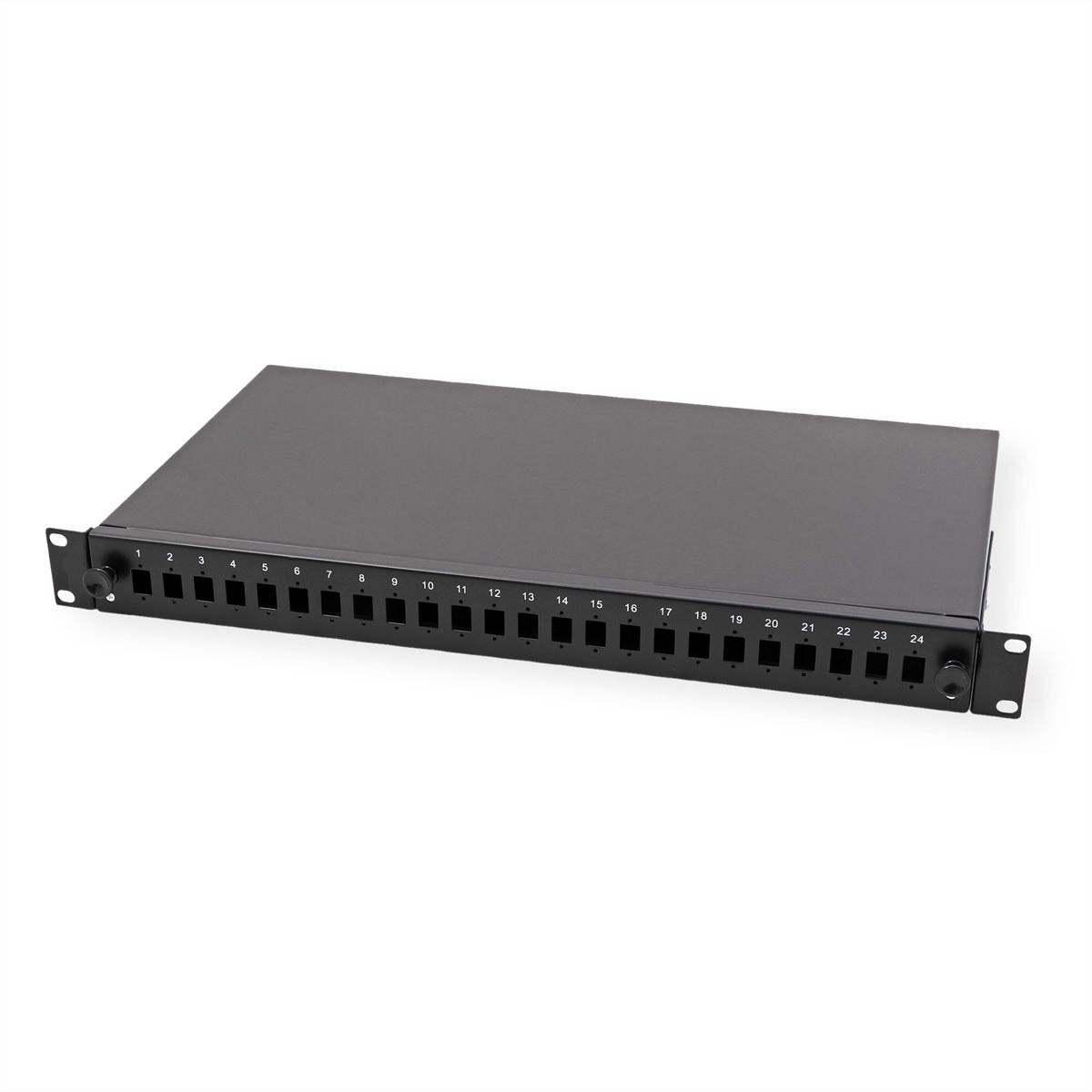 VALUE 19" glasvezel patchbox, leeg 1 HE, uittrekbaar, geschikt voor 24x SC-DX of 24x LC 4-voudig