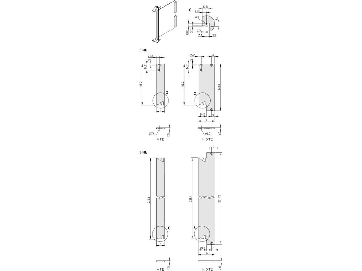 SCHROFF-insteekmodule voor niet-afgeschermd frontpaneel voor IEL, IET, type 2 handgreep, 6 HE, 5 HE, 2,5 mm, Al, geanodiseerd vooraan, geleidend achteraan