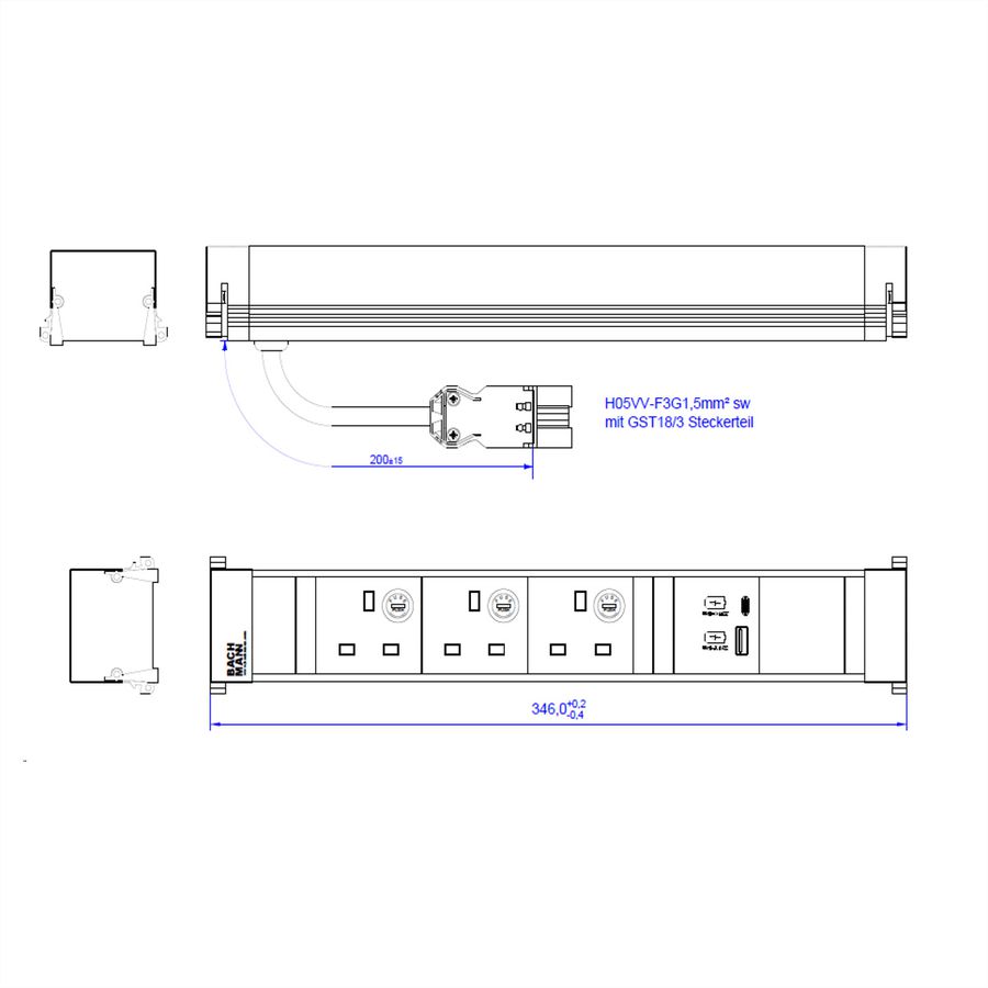 BACHMANN POWER FRAME L 3xUK, 1xUSB A/C 22W 0.2m GST18 United Kingdom