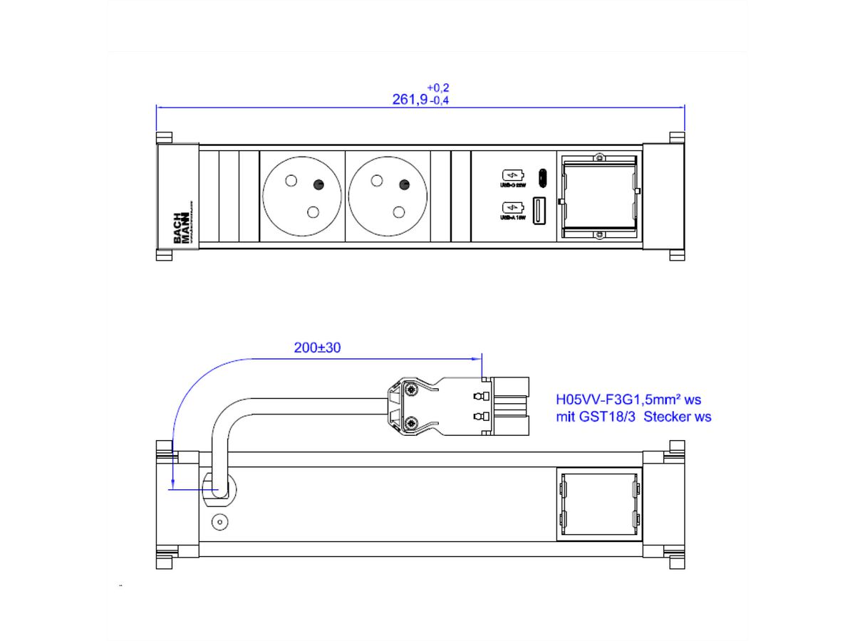 BACHMANN POWER FRAME 2xUTE 1xCM 1xUSB A/C 22W 0.2m GST18
