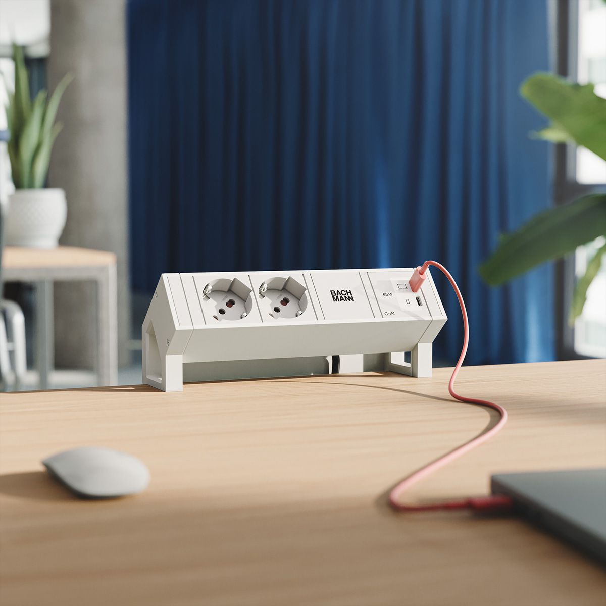 BACHMANN DESK2 white 2xP40, 1xUSB C/C 65W L=0,2m RAL9010