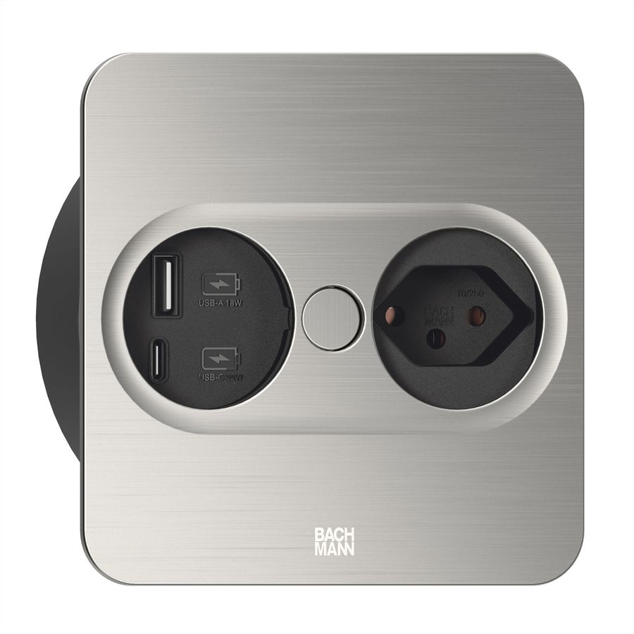 BACHMANN TWIST2 1xCH 1xUSB A/C 22W, L=2.0m AEH T12 stainless steel look square