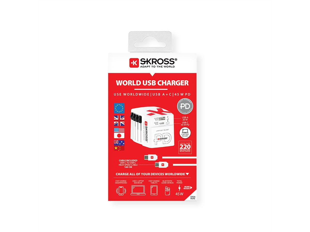 Skross Wereld USB Oplader A/C 45PD met USB-C kabel , Wereldwijd