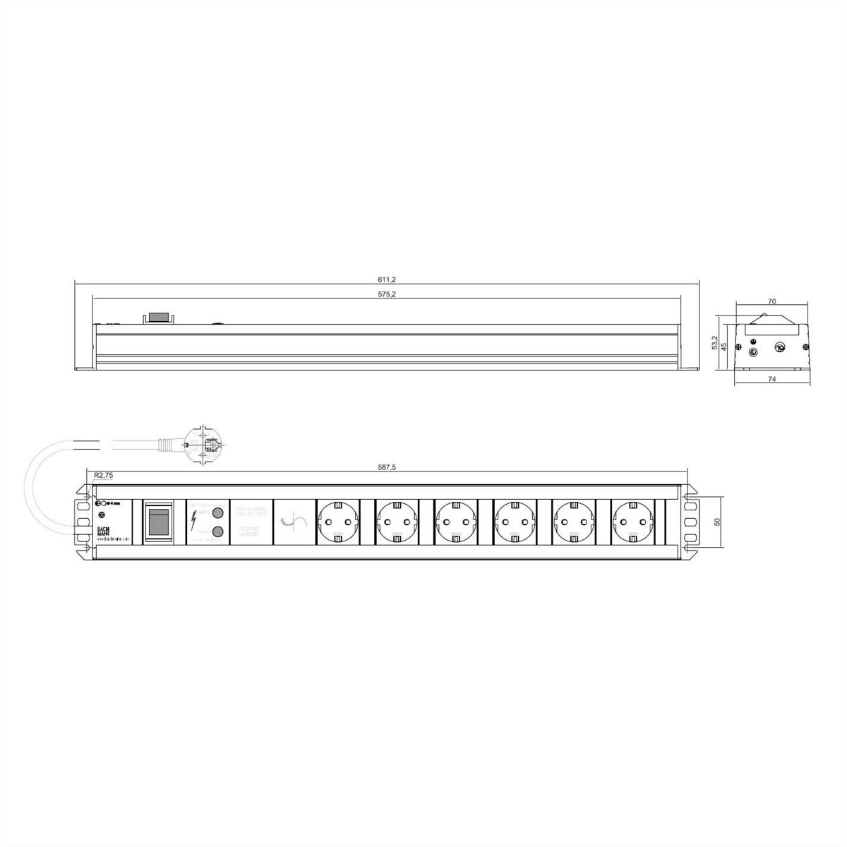 BACHMANN craftsman's strip 6x earthing contact, full device protection, switch, 2 m
