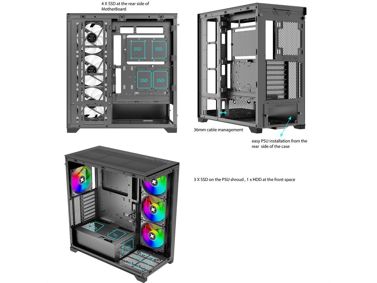 XILENCE Xilent Gleam X818.ARGB Gaming ATX PC-behuizing zwart, RGB ATX Midi Tower