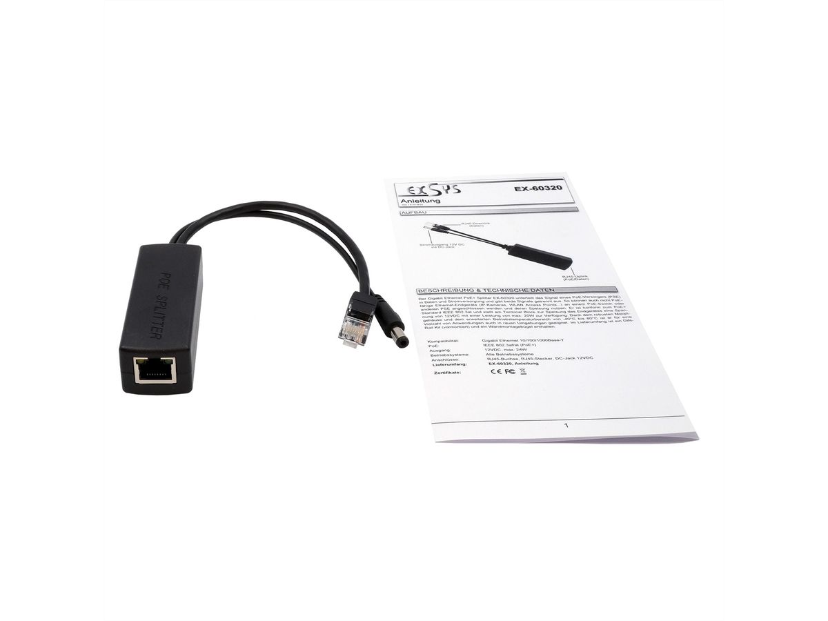 EXSYS EX-60320 10/100Mbps 802.3at PoE+ Splitter