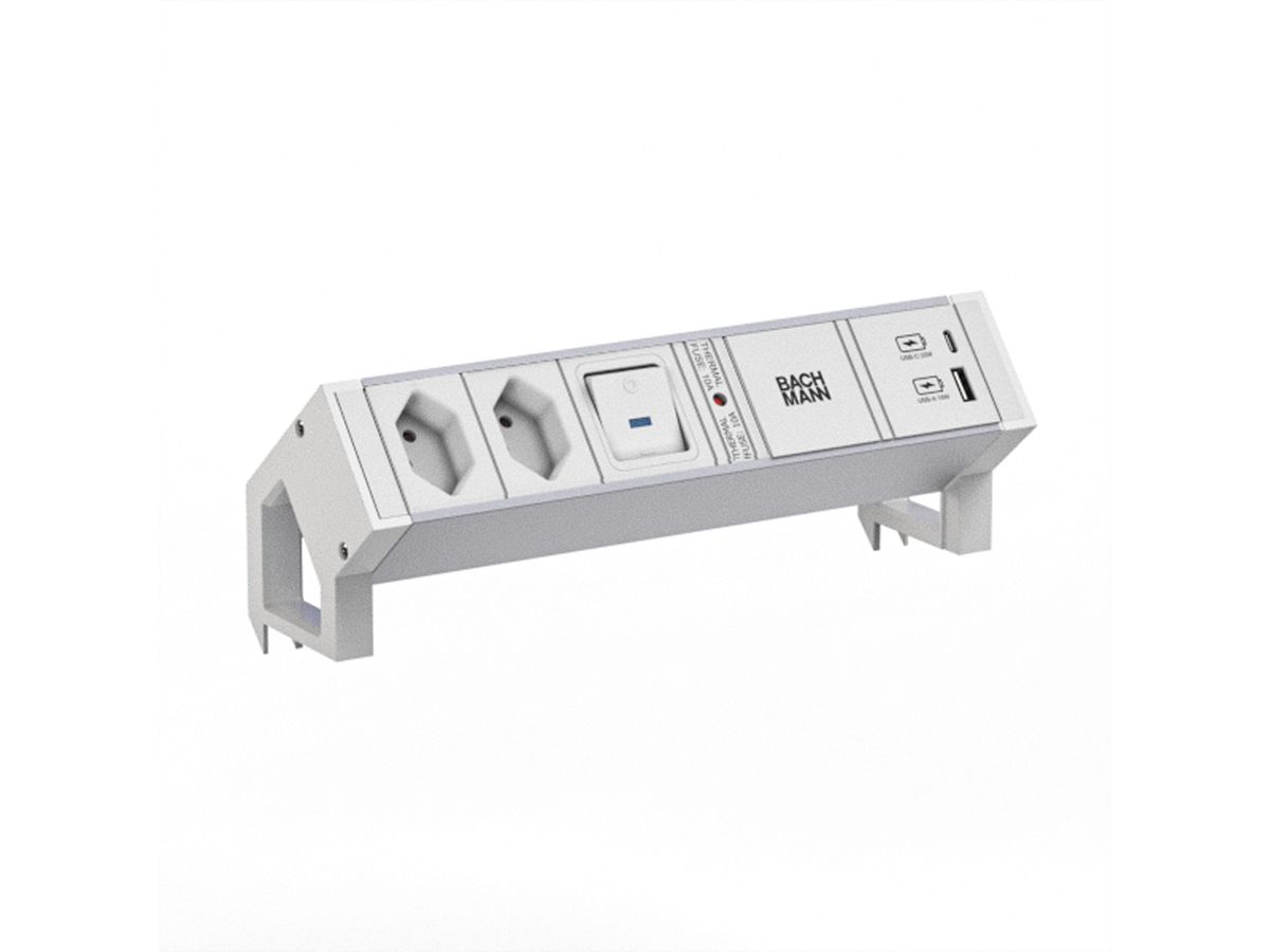 BACHMANN DESK2 ALU WHITE 2xCH 0° 1xswitch 1xUSB A/C 22W