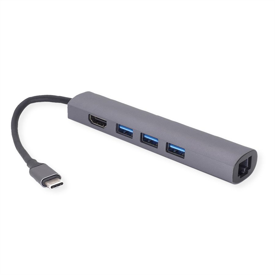 VALUE USB-C dockingstation, HDMI 4K, 3x USB type A, Gigabit Ethernet, grijs