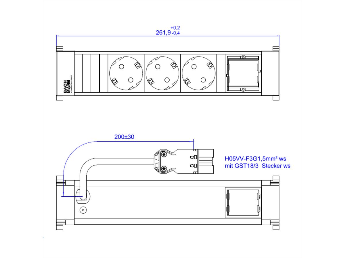 BACHMANN POWER FRAME 3xCEE7/3 1xCM 0.2m GST18 RAL9010