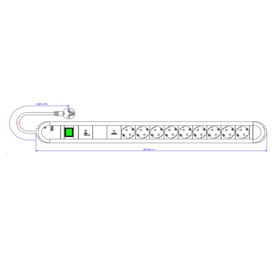 BACHMANN PRIMO 9xCEE7/3 1xGVS-Plus 1xswitch 2.0m CEE7/7