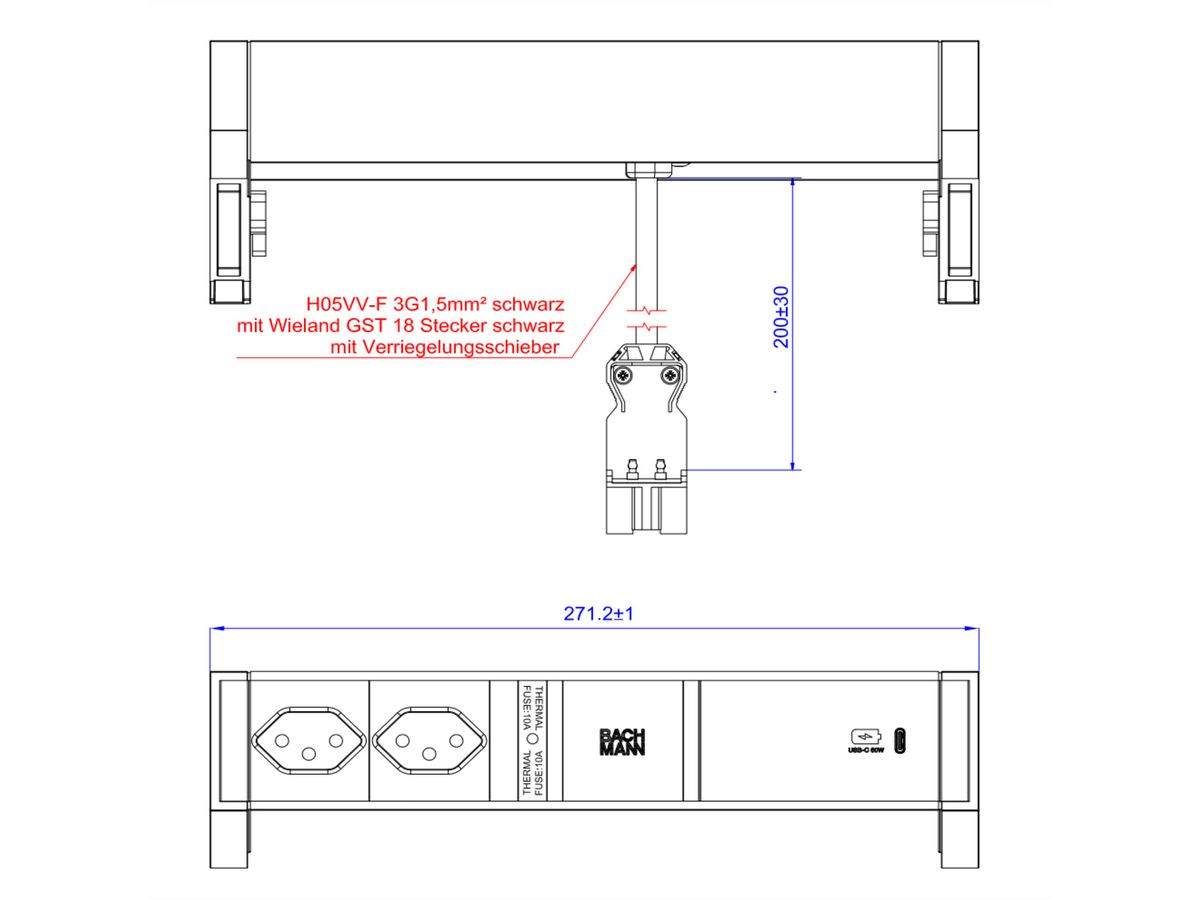 BACHMANN DESK2 2xCH 1xUSB C 60W, 0.2m GST18 INOX Switzerland