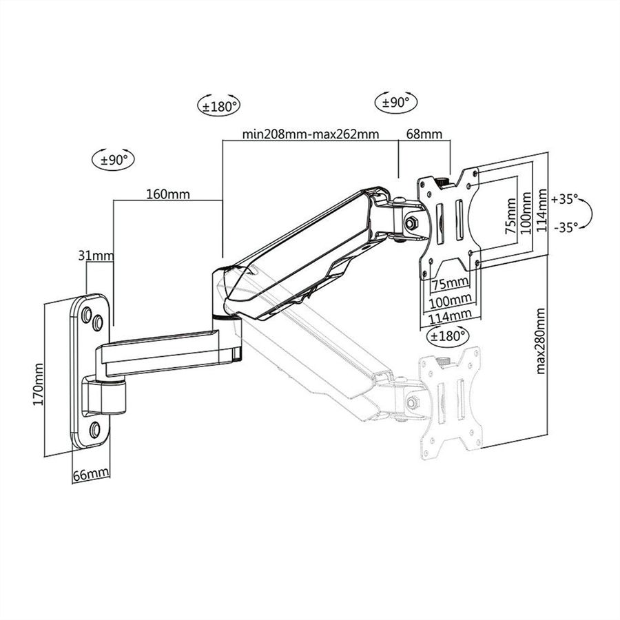 VALUE LCD Monitor Arm, Wall Mount, 5 Joints, Pivot, black
