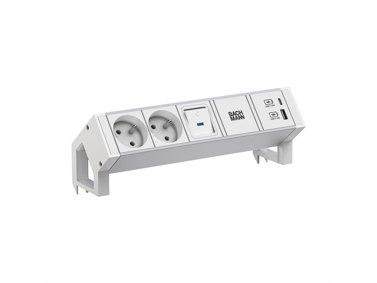 BACHMANN DESK2 ALU WHITE 2xUTE 1xUSB A/C 22W 1xswitch 0.2m