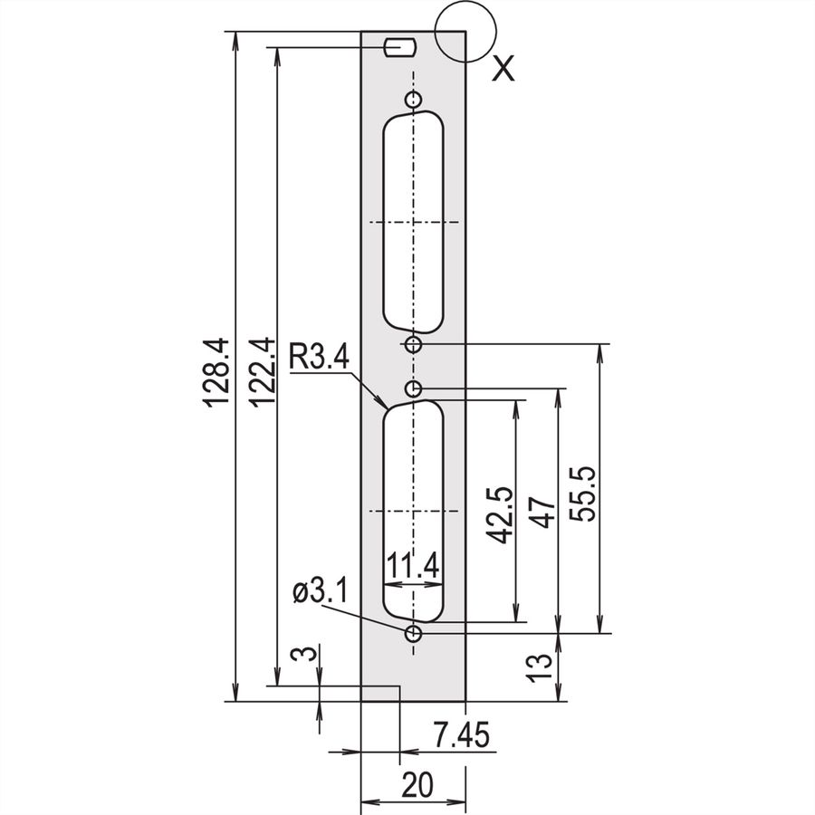 SCHROFF U-profile Front Panel, Shieldable, D-Sub Cutout, 3 U, 4 HP, 2 x 25 Pin, 2.5 mm, Al, Front Anodized, Rear Conductive