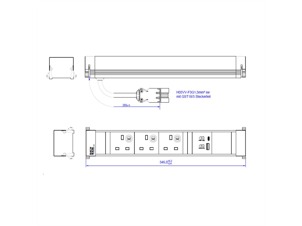 BACHMANN POWER FRAME L 3xUK, 1xUSB A/C 22W 0.2m GST18 United Kingdom