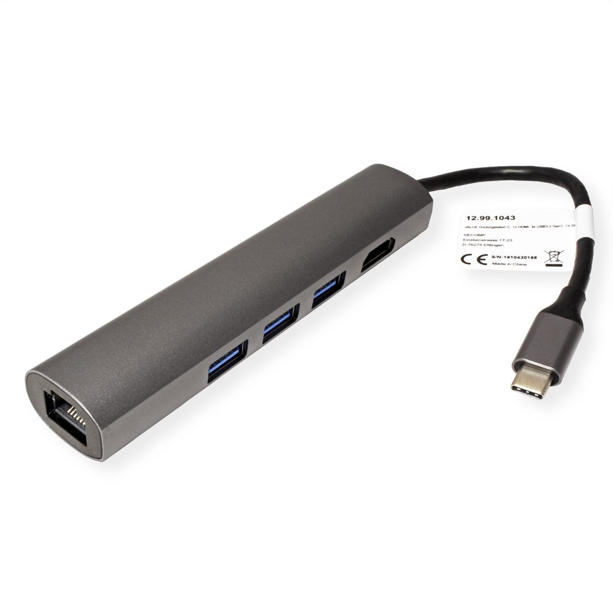 VALUE USB-C dockingstation, HDMI 4K, 3x USB type A, Gigabit Ethernet, grijs