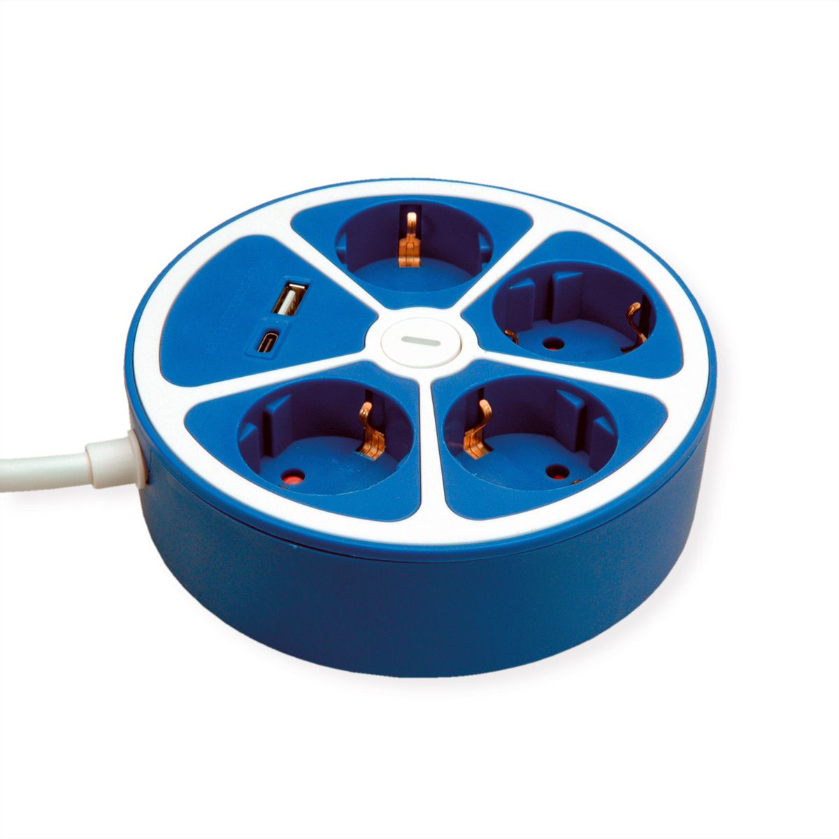 ROLINE 4-voudige stekkerdoos met schakelaar, rond, , USB-oplader A+C, blauw, 3 m