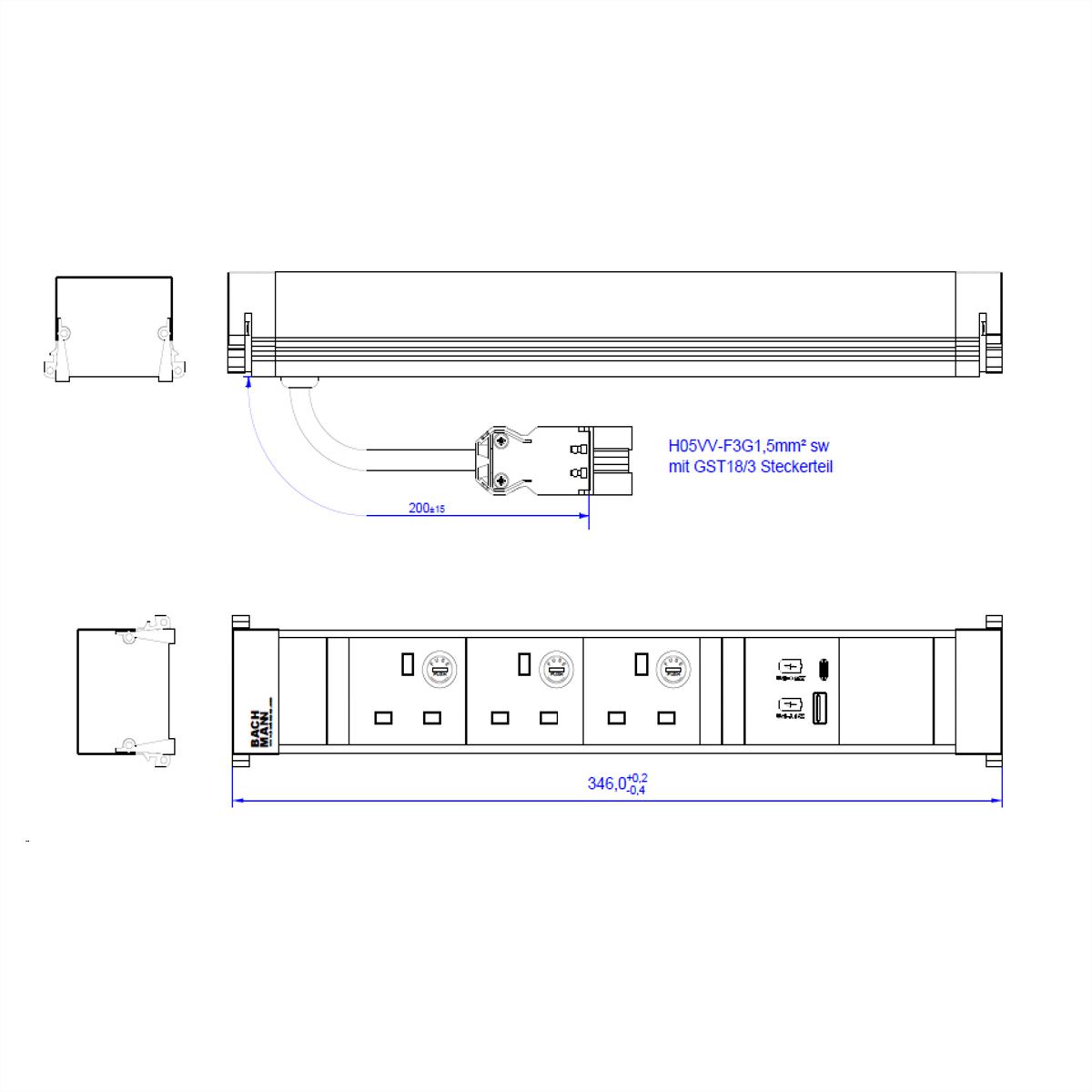 BACHMANN POWER FRAME L 3xUK, 1xUSB A/C 22W 0.2m GST18 United Kingdom
