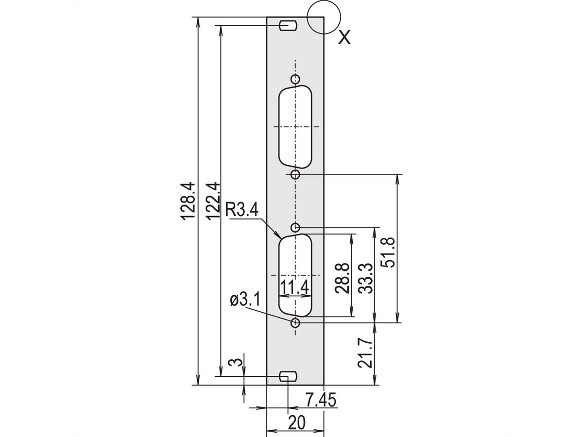 SCHROFF U-profile Front Panel, Shieldable, D-Sub Cutout, 3 U, 4 HP, 2 x 15 Pin, 2.5 mm, Al, Front Anodized, Rear Conductive
