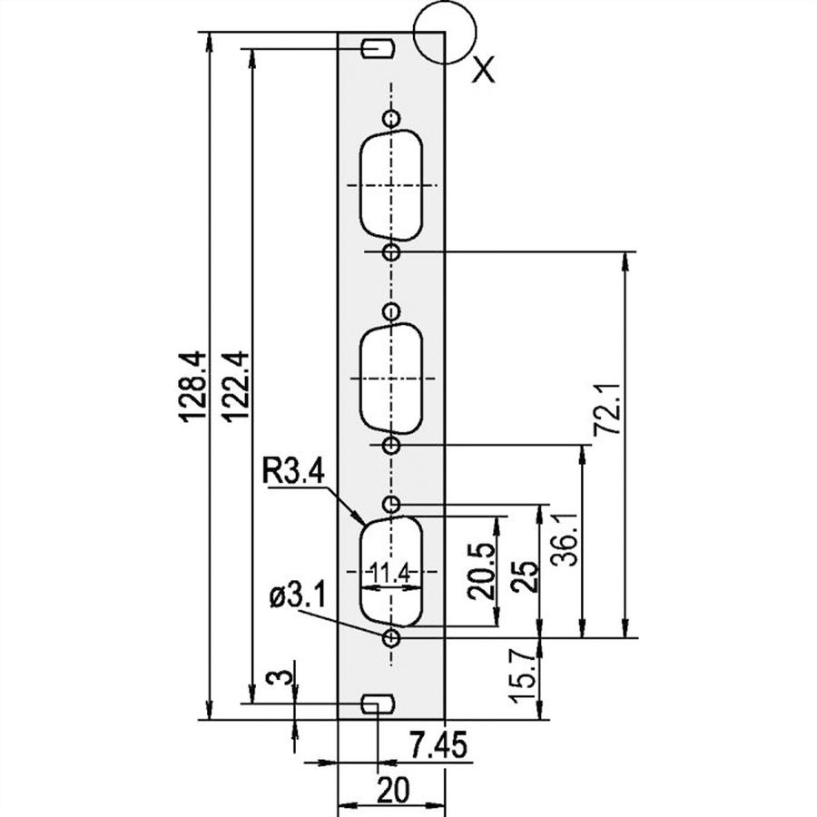 SCHROFF U-profile Front Panel, Shieldable, D-Sub Cutout, 3 U, 4 HP, 3 x 9 Pin, 2.5 mm, Al, Front Anodized, Rear Conductive