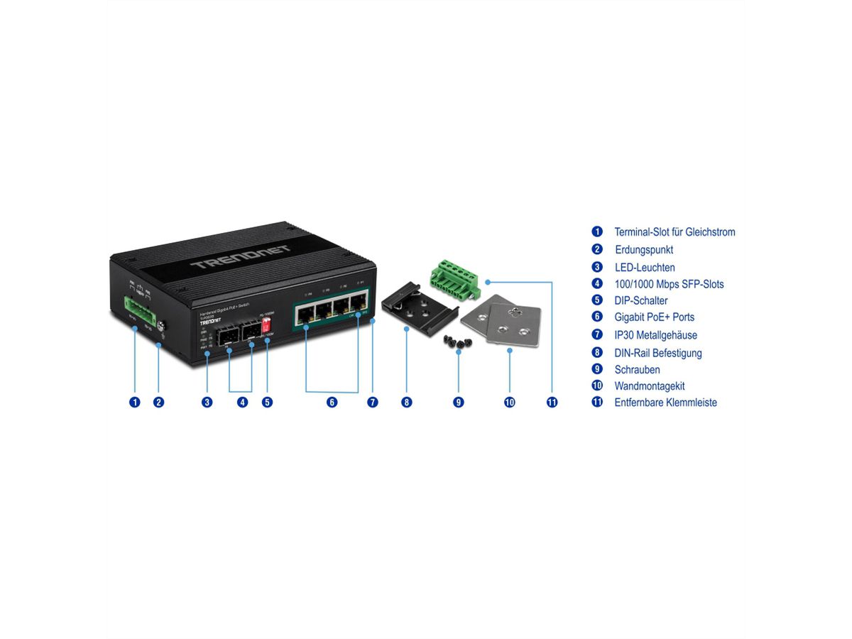 TRENDnet TI-PG62B 6-poorts Industriële Gigabit Switch PoE+ 2SFP