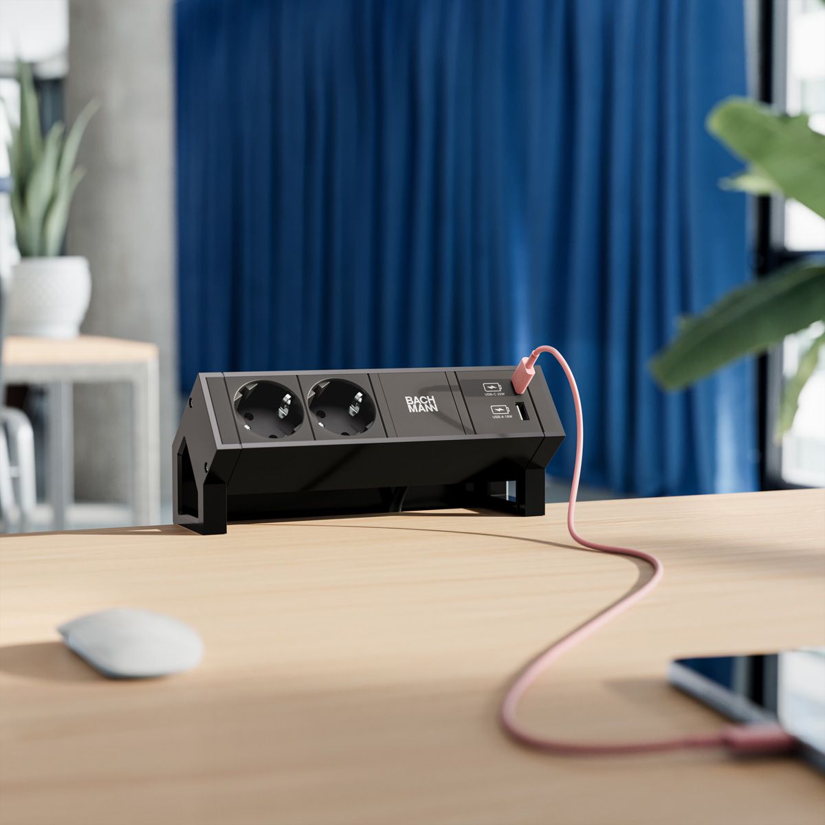 BACHMANN DESK2 2xbeschermend contact USB A&C, USB Lader 22W 0.2m GST18 zwart