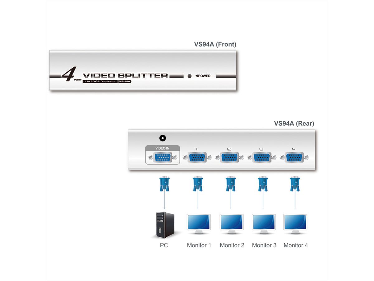 ATEN VS94A VGA Video Splitter, 350MHz, 4-voudig