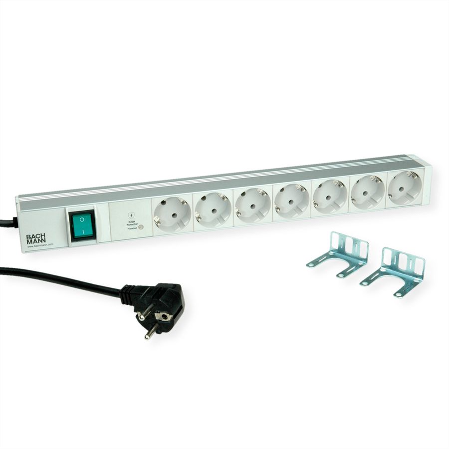 BACHMANN 19" 1U 7xCEE7/3 1xSPD-Plus 1xswitch 2,0m CEE7/7