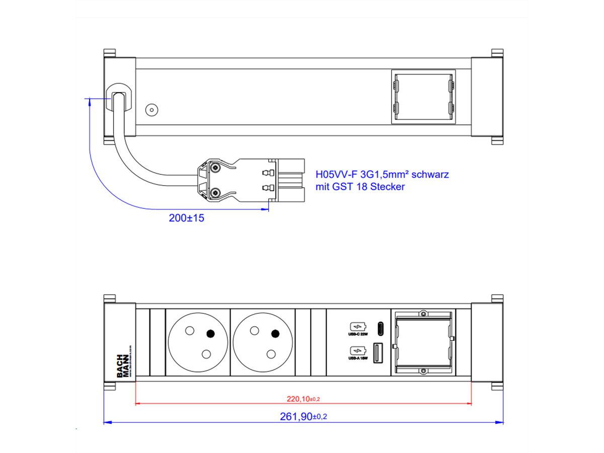 BACHMANN POWER FRAME M 2xUTE 1xCM 1xUSB A/C 22W 0.2m GST18