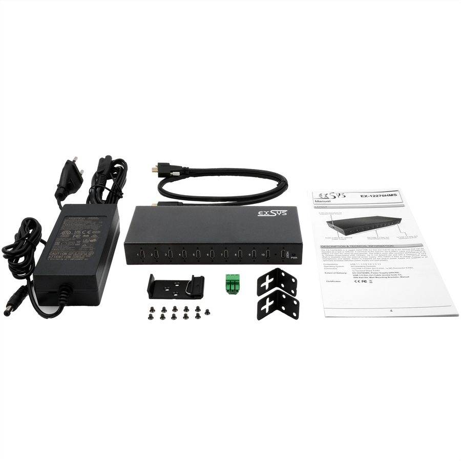 EXSYS EX-12270HMS 10-Port USB 3.2 Gen 2x1 Metal HUB, 15KV ESD Protection for Wall and DIN-Rail Mounting