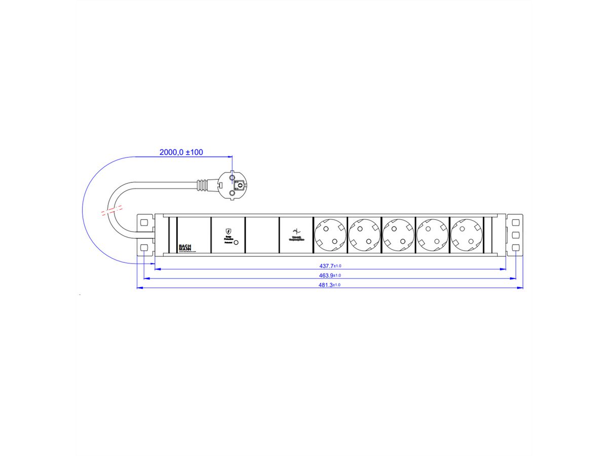 BACHMANN 19" 1.5U 5xCEE7/3 1xGVS-Plus 2.0m CEE7/7