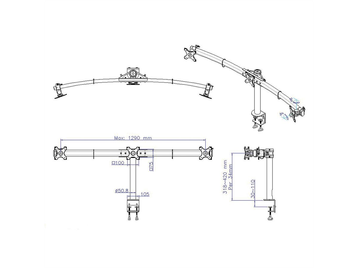 VALUE Drievoudige LCD-arm, tafelmontage, zwart