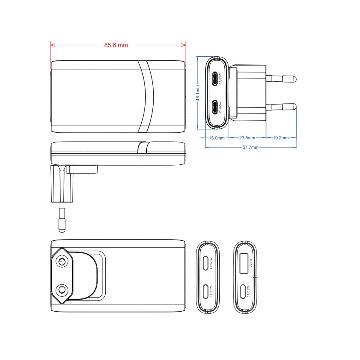 VALUE USB-oplader met Euro-/US-stekker, 2 poorten type A+C, 65W