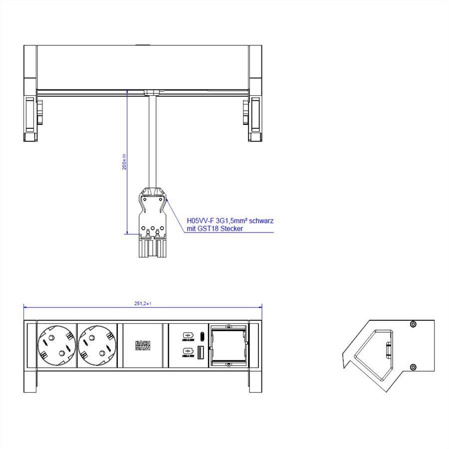 BACHMANN DESK2 2xbeschermend contact USB A&C, USB Lader 22W 1xABD 0,2m GST18 INOX
