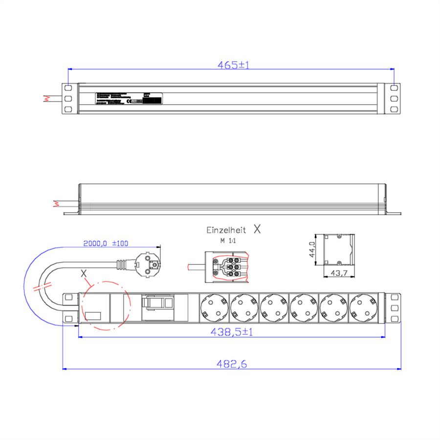 BACHMANN 19" 1U 6xCEE7/3 1xFI voeding 2,0m CEE7/7